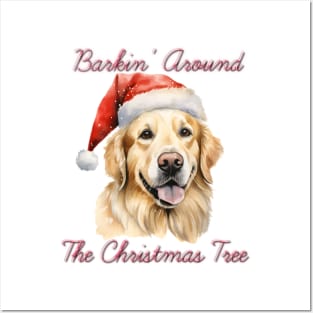 Christmas Golder Retriever Dog in Santa Hat Posters and Art